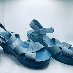 Kork-Ease Blue Suede Platform Sandals with Ankle Strap
